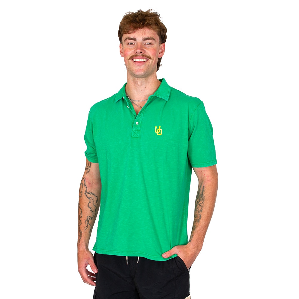 Interlocking UO, Green, Polo, Cotton Blend, Men, Unisex, Johnny-O, Dyed, Oregon design, Shirt, 942933
